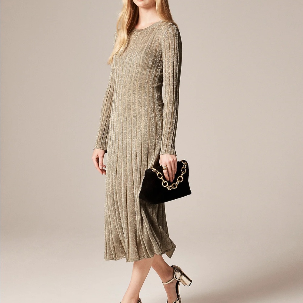 J Crew Rib-Knit Flare Midi Dress With Lurex Metallic Threads Birch Sand
